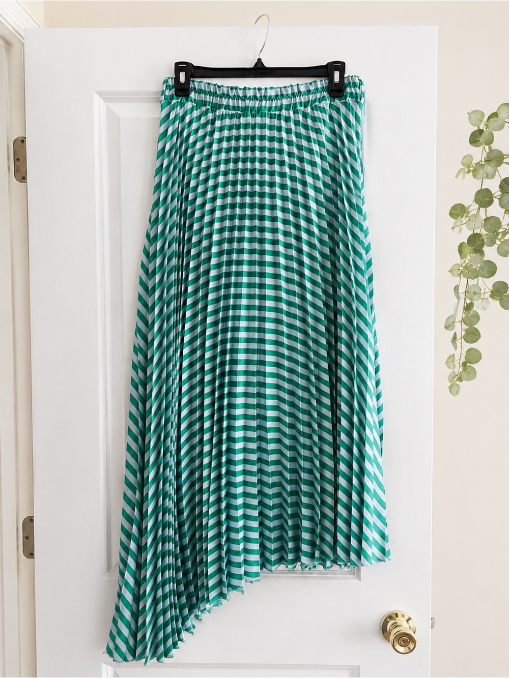 Green and blue Striped Pleated Asymmetric Maxi Skirt